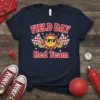 Field Day Red Team t-shirt with a smiling sun holding checkered flags and stars