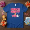 Fierce Feisty & Five birthday t-shirt for a five-year-old girl, featuring bold pink text and a smiling character