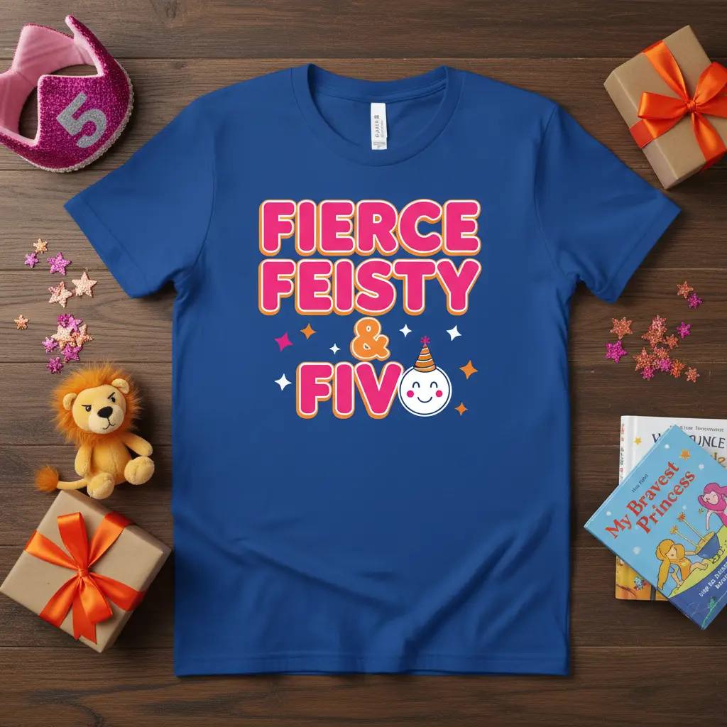 Fierce Feisty & Five birthday t-shirt for a five-year-old girl, featuring bold pink text and a smiling character with a party hat