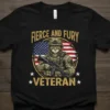 Fierce and Fury Veteran t-shirt design with a cat soldier in military gear and the American flag