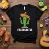 Fiesta Cactus t-shirt with a cartoon cactus wearing a sombrero and holding maracas, text reads FIESTA CACTUS