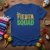 Fiesta Squad text with a sombrero and guitar graphic on a royal blue t-shirt, perfect for Mexican celebrations
