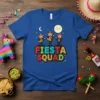 Fiesta Squad t-shirt design featuring three cartoon mariachi musicians playing guitars under a moon and stars