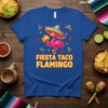 Fiesta Taco Flamingo t-shirt design with a flamingo wearing a sombrero and holding a taco, surrounded by maracas and chili