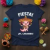 Fiesta! ¡AY, CARAMBA! text with a cute axolotl wearing a sombrero and maracas on a navy blue t-shirt