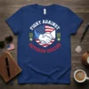 Navy t-shirt with "FIGHT AGAINST VETERAN SUICIDE" text, handshake graphic, and American flag elements