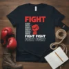 FIGHT FIGHT FIGHT FIGHT t-shirt with red "FIGHT" text, a fist breaking through a brick wall, and white "FIGHT FIGHT