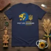 Navy blue t-shirt with "Fight Like Ukrainians" text, a lion's head, and the Ukrainian trident symbol in blue and yellow