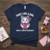 Navy t-shirt with cartoon cat wearing pink ribbon, text "FIGHT LIKE A GIRL BREAST CANCER AWARENESS"