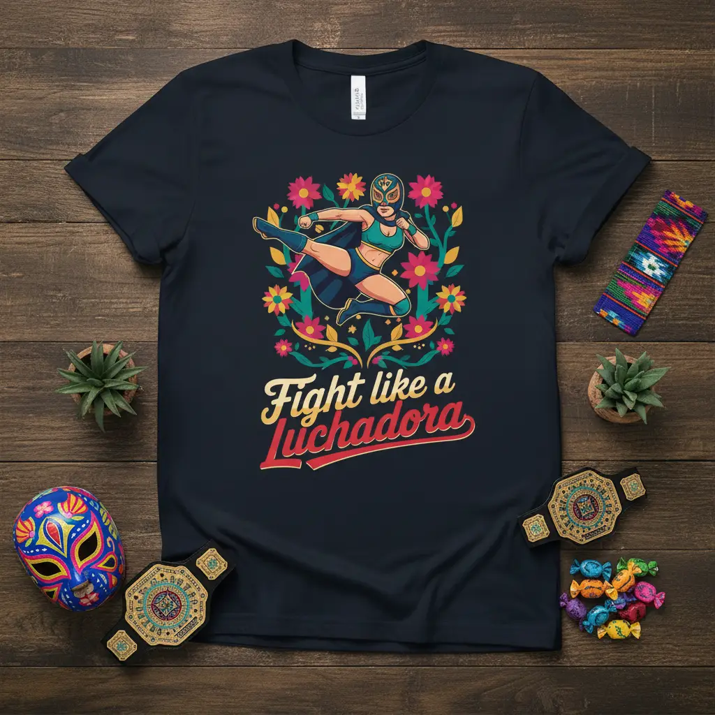 Fight Like a Luchadora quote on a t-shirt with a dynamic female wrestler illustration and floral accents