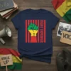 FIGHT THPOWER text with a raised fist graphic in Pan-African colors on a navy t-shirt