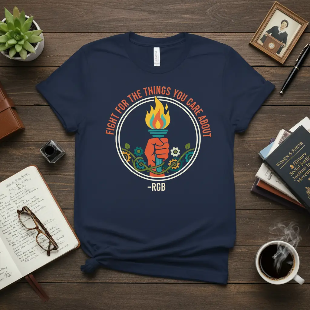 Fight for the Things You Care About quote with fist and torch graphic on a navy blue tee