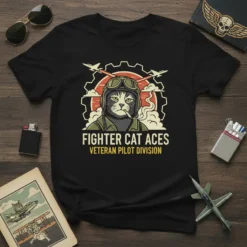 Fighter Cat Aces Veteran Pilot Division T-Shirt with a cool cat pilot graphic and jets