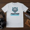 White t-shirt with a fierce tiger head graphic and the word "FIGHTER" below, designed for athletic wear