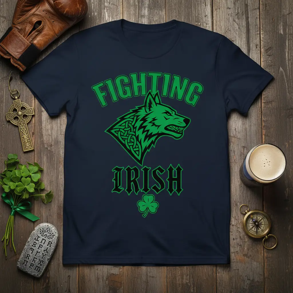 Fighting Irish graphic tee featuring a green wolf with Celtic knot patterns and Irish text
