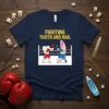 Fighting Tooth and Nail t-shirt featuring a cartoon tooth and a fingernail boxing in a ring, yellow text above