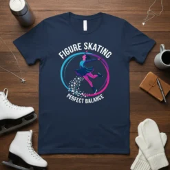 Figure Skating Perfect Balance t-shirt design with a female skater mid-spin, surrounded by a gradient circle and sparkling stars