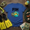 Blue t-shirt with black text "FIH" and a cartoon blue and orange fish graphic