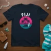 Fiji retro sunset t-shirt with palm trees and surfboard graphic, white text "FIJI" above circular design
