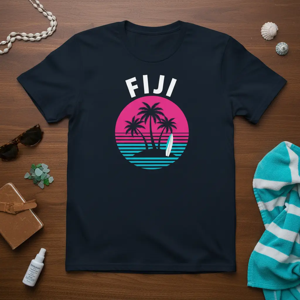 Fiji Retro Sunset Palm Tree T-Shirt Tropical Vacation Gift
