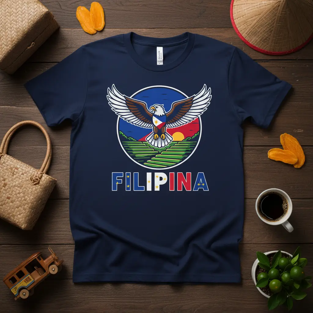 Filipina t-shirt design showcasing a proud eagle and the Philippine flag in a circular emblem