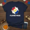 Navy blue t-shirt with "FILIPINO PRIDE" text and a circular emblem of the Philippines flag, stars, and sun