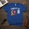 Finally I'm 8 birthday t-shirt featuring a cute cartoon witch riding a broomstick in front of a crescent moon