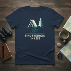 Find Freedom In Less quote with cabin and tree graphic on a navy blue t-shirt for outdoor adventure lovers