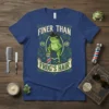 Finer Than Frog's Hair t-shirt design with a frog posing at a barber pole. Features vintage style and bold typography