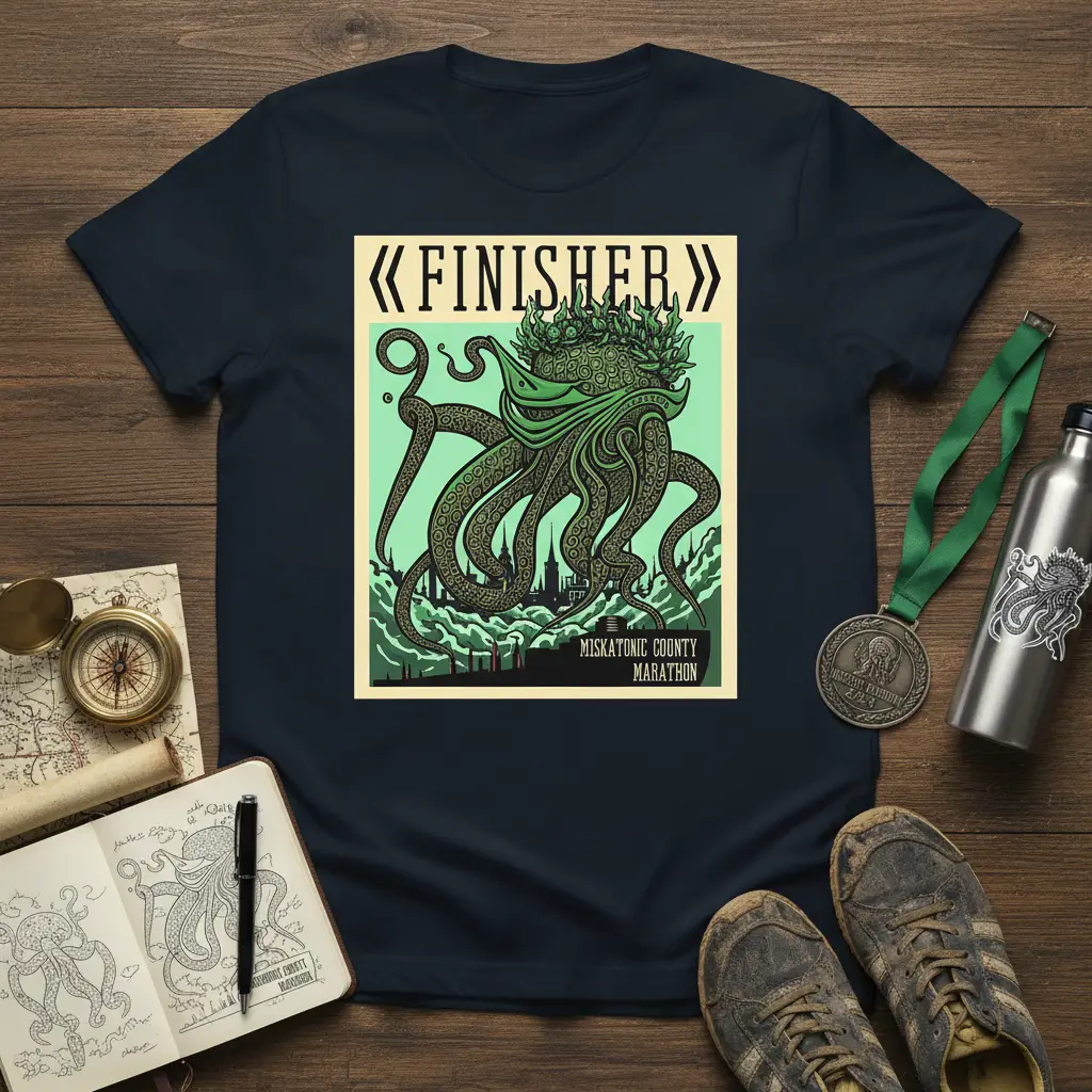 Finisher Miskatonic County Marathon graphic tee with a kraken-like octopus and city skyline