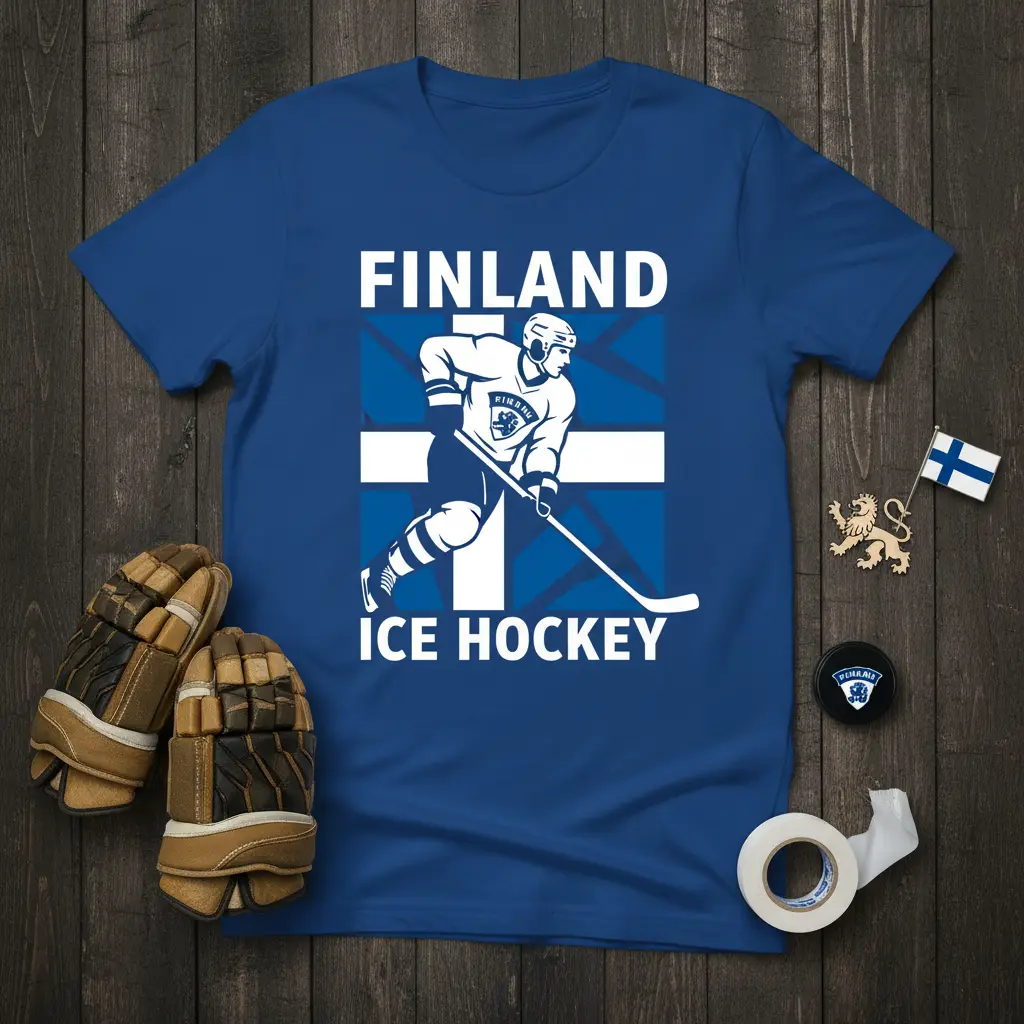 Finland Ice Hockey graphic t-shirt with player and Finnish flag design