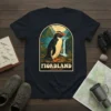 Fiordland National Park t-shirt design with a penguin and waterfall, vintage style graphic