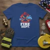 FIRE DEPT. text with crossed hoses and axe graphic on a navy blue firefighter t-shirt