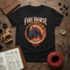 Black t-shirt featuring "FIRE HORSE 2026" text above a horse head surrounded by flames, symbolizing the Chinese zodiac