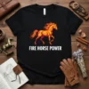 Fire Horse Power t-shirt with a vibrant orange and yellow stylized horse graphic and white text