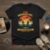 Fire Reggae Inc. Beach Club Shore Dub Club text with sunset, palm trees, and musicians playing guitar and drums