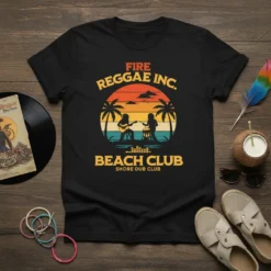 Fire Reggae Inc. Beach Club Shore Dub Club text with sunset, palm trees, and musicians playing guitar and drums