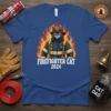 Firefighter Cat 2024 T-Shirt design featuring a black cat in firefighter gear with flames, bold white text reads "FIREFIGHTER CAT