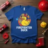 Firefighter Duck T-Shirt with a cartoon duck wearing a firefighter helmet and spraying a hose, surrounded by flames