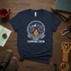Fires Friends Drinks Camping Crew text design with a campfire, mountains, and trees graphic