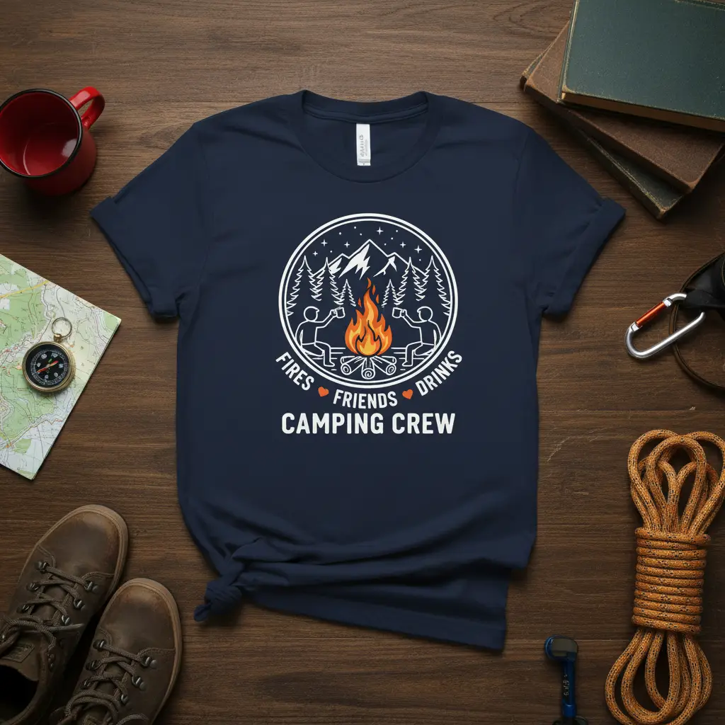 Fires Friends Drinks Camping Crew T-Shirt Outdoor Adventure Gift