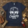 Fires Friends Fun Camping Crew t-shirt design featuring a tent, campfire, chairs, moon, and stars in a circular graphic