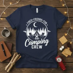 Fires Friends Fun Camping Crew t-shirt design featuring a tent, campfire, chairs, moon, and stars in a circular graphic