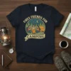 Fires Friends Fun Camping t-shirt design featuring friends around a campfire with trees and a tent