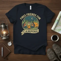 Fires Friends Fun Camping t-shirt design featuring friends around a campfire with trees and a tent
