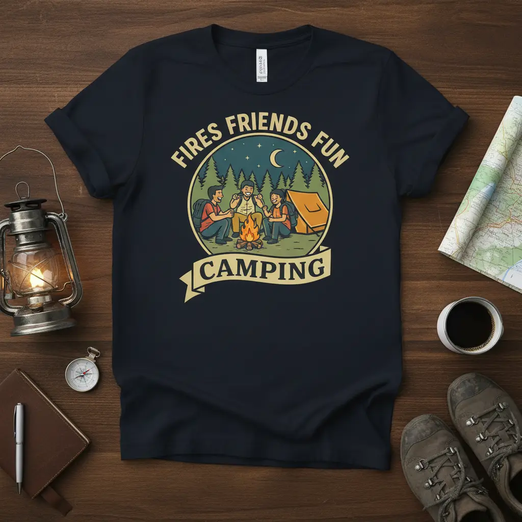 Fires Friends Fun Camping graphic tee with friends enjoying a campfire scene and trees