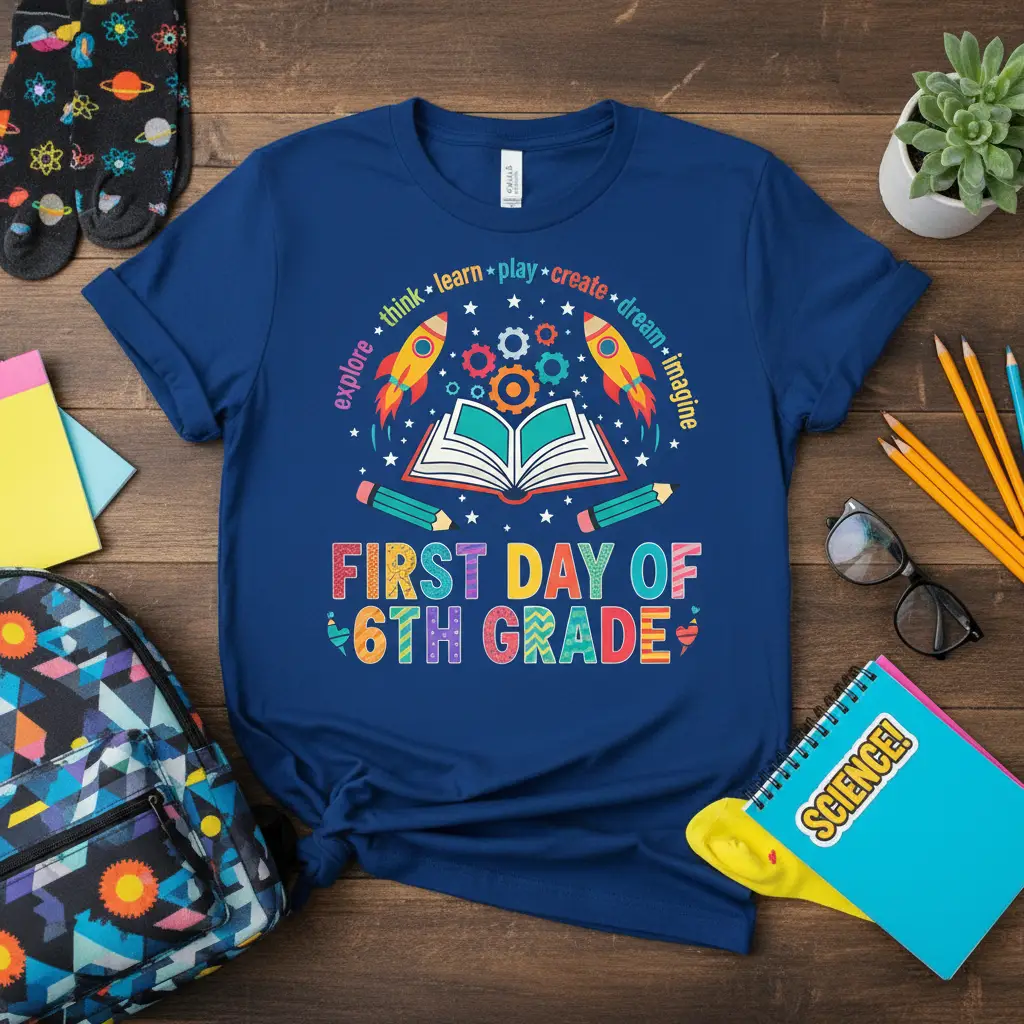FIRST DAY OF 6TH GRADE text with rockets and open book on a blue t-shirt, perfect for back to school