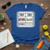 Teacher t-shirt with "First Then Teach Beach I Am Earning A Summerbreak" quote and graphics of pencils and beach scene