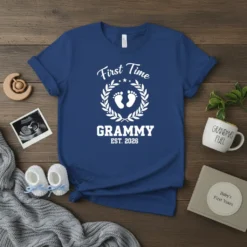First Time Grammy Est. 2026 t-shirt design with baby feet and laurel wreath