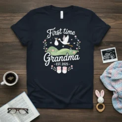 First Time Grandma EST 2025 t-shirt design with a stork carrying a baby bundle and pink baby booties